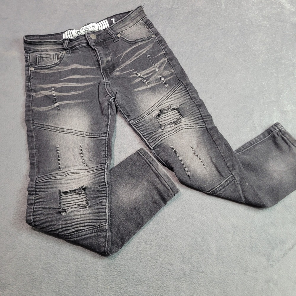 RGSTR Jeans Boys‎ Size 7 Black Wash Moto Biker Distressed Ribbed Slim Denim